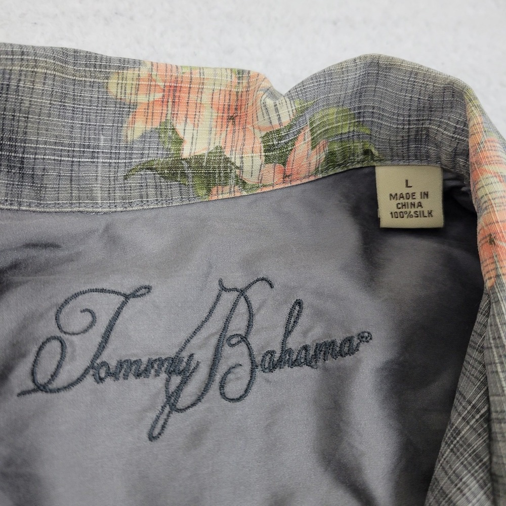 Tommy Bahama Silk Floral Hawaiian Shirt Mens Large Gray Short Sleeve Camp B1BC